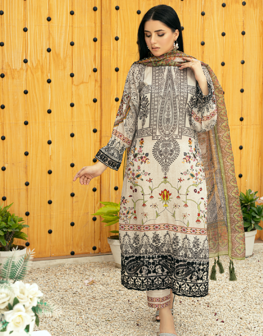 EY - 017 - 3 piece Unstitched Embroidered Lawn